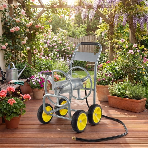 ELLEGNT 330 ft Hose Reel Cart – 4-Wheel 5/8" Large Capacity for Yard & Lawn Silver