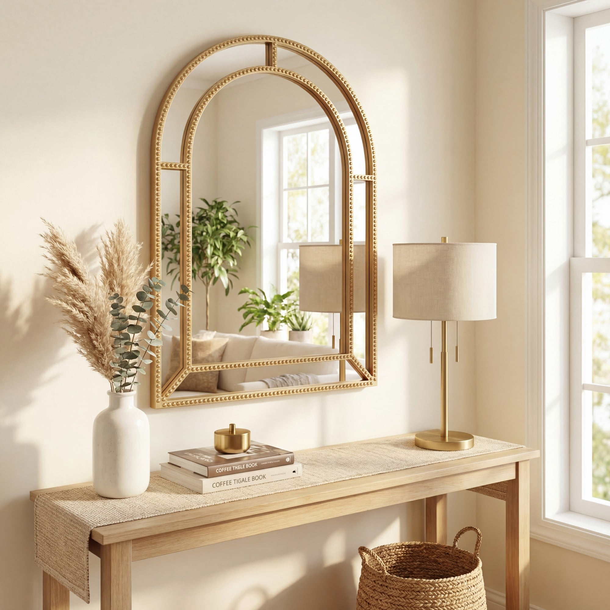 ELLEGNT 36" x 24" Gold Arched Wall Mirror with Beaded Frame - Ornate ...
