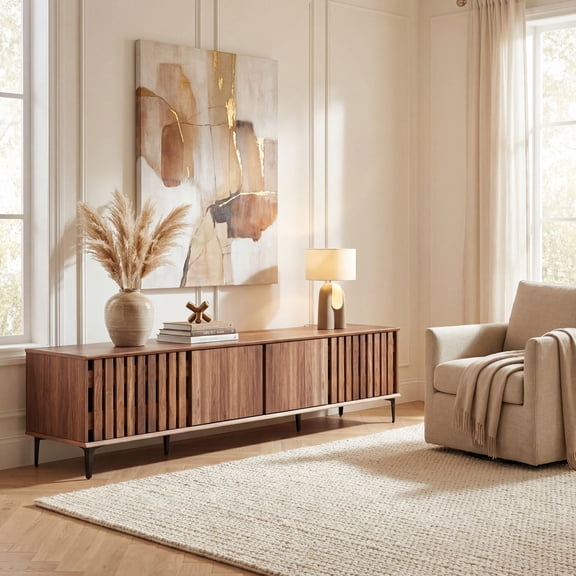 ELLEGNT 4-Door TV Stand for 80" TVs - Mid Century Modern Entertainment Center with Storage