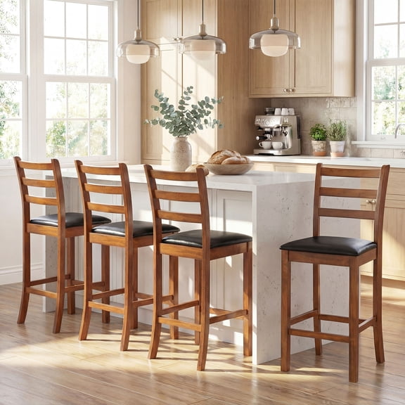 ELLEGNT 4 PCS 24" Rubber Wood Ladder Back Bar StoolsUphols,tered Seat,Walnut + Black