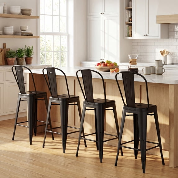 ELLEGNT 4 PCS 62 cm Counter Height Bar Stools – Metal Frame, Backrests & Footrests Included, Black