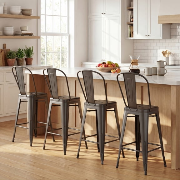 ELLEGNT 4 PCS 62 cm Counter Height Bar Stools – Metal Frame, Backrests & Footrests Included, Gun Metal