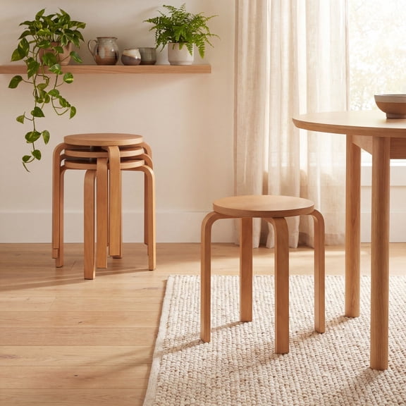 ELLEGNT 4 PCS Stackable Wood Stool 18" Round, Backless, Dining Chair for Home Decor, Walnut