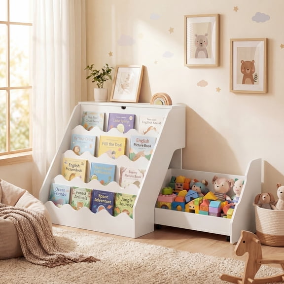 ELLEGNT 4-Tier Rolling Drawer Cart Bookshelf for Kids - Toy Storage Organizer for Nursery or Playroom, White
