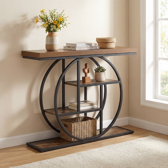 ELLEGNT 41" Narrow 4-Tier Console Table - Wooden Entryway Sofa Table with Storage Shelves, Rustic Brown + Black