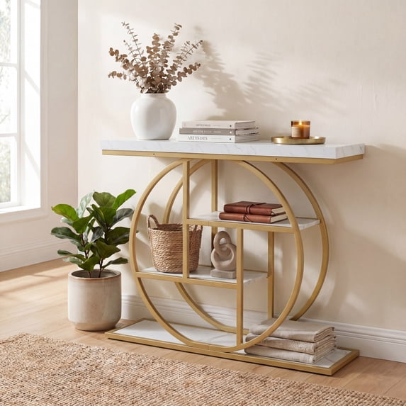 ELLEGNT 41" Narrow 4-Tier Console Table - Wooden Entryway Sofa Table with Storage Shelves, Rustic White + Gold