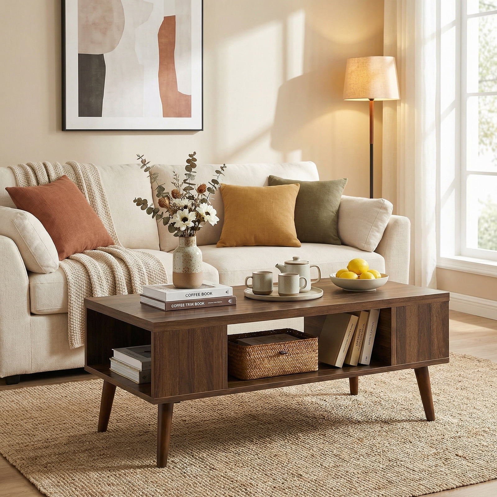 ELLEGNT 42" Walnut Rectangular Center Table - Coffee Table with Open Compartment and 2 Side Storage Shelves