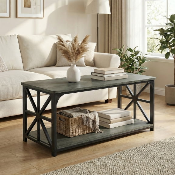 ELLEGNT 43" Farmhouse 2-Tier Coffee Table – Storage Shelf, X Side Frames, Accent Cocktail Table for Small Space, Home Office, Rustic Rustic Oak + Black