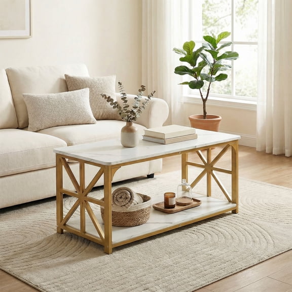 ELLEGNT 43" Faux Marble 2-Tier Coffee Table – Storage Shelf, X Side Frames, Accent Cocktail Table for Small Space, Home Office, White + Gold