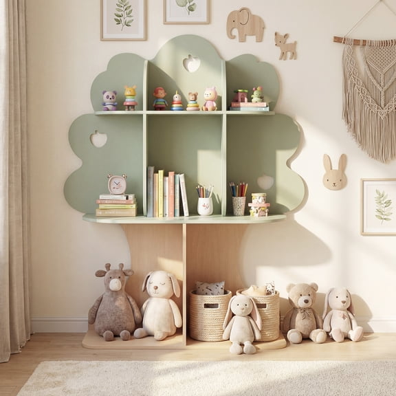 ELLEGNT 45" Wooden Tree Bookshelf for Kids Open Shelves, Space-Saving Bookcase for Nursery, Reading Nook, or Classroom