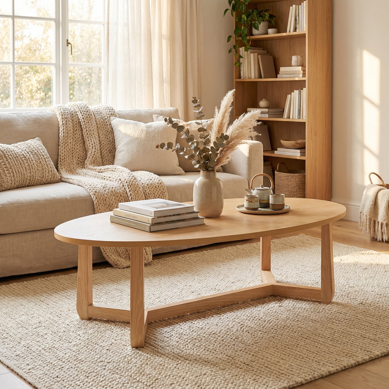 ELLEGNT 46" Oval Coffee Table with Thickened Top – Solid Rubber Wood Frame for Living Room Natural