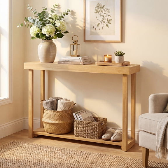 ELLEGNT 46" Solid Wood Farmhouse Console Table – Narrow 2-Tier Teak Sofa Table, Natural