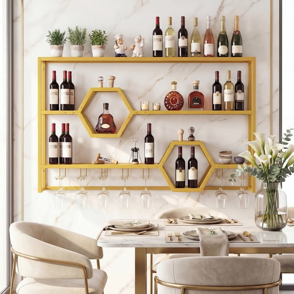 ELLEGNT 47" Wall Mounted Wine Rack with Glass Holder – Large Floating Bar Shelf for Kitchen, Gold
