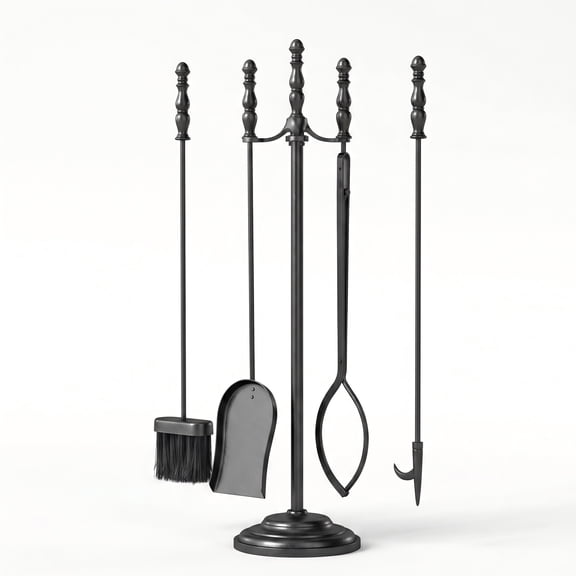 ELLEGNT 5 PCS Round Stand Fireplace Tool with Poker, Tongs, Brush & Shovel, Black
