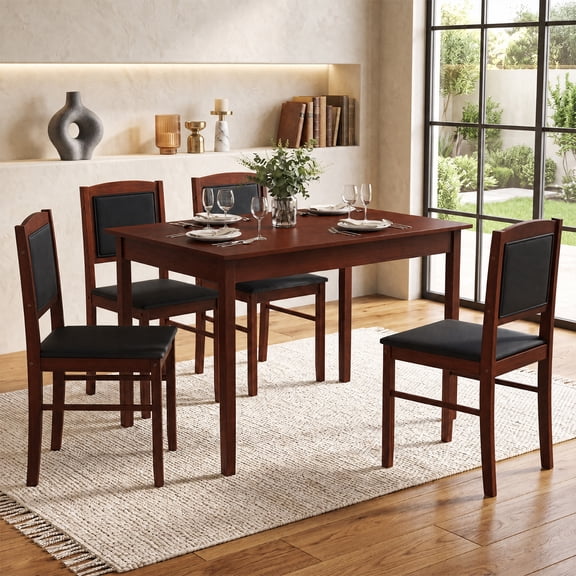 ELLEGNT 5-Piece Farmhouse Dining Set for 4, Kitchen Table w/ Upholstered Chairs, Rubber Wood Legs, Brown