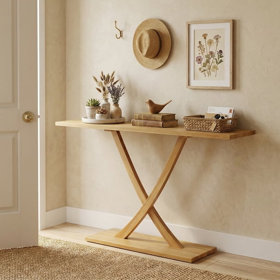 ELLEGNT 57" Solid Wood Farmhouse Console Table Narrow Teak Sofa Table for Entryway or Living Room, Natural