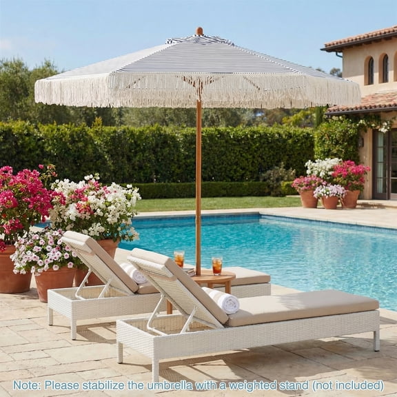 ELLEGNT 7FT Umbrella with Fringe - Sun-Protective Polyester Canopy, Cute Patio and Beach Umbrella, Blue + White + Natural