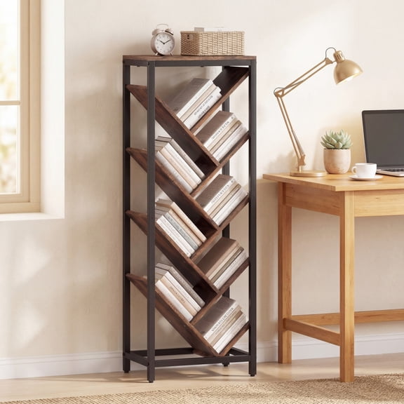ELLEGNT 9-Tier Narrow Corner Bookshelf - Tree-Shaped Freestanding Display Shelf for Home or Office Rustic Brown + Black
