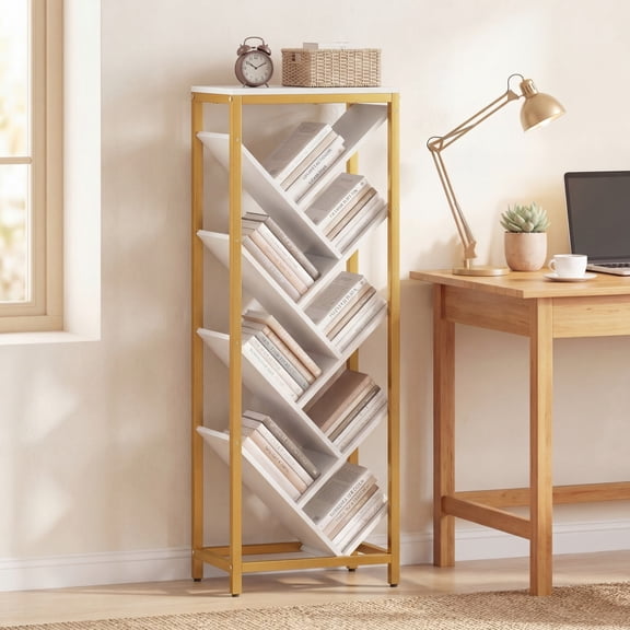 ELLEGNT 9-Tier Narrow Corner Bookshelf – Tree-Shaped Freestanding Display Shelf for Home or Office White Gold