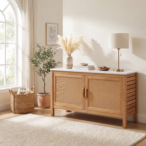 ELLEGNT Acacia Wood Storage Cabinet - Tool Cabinet with Faux Marble Top & Rattan Doors, for Patio, Backyard