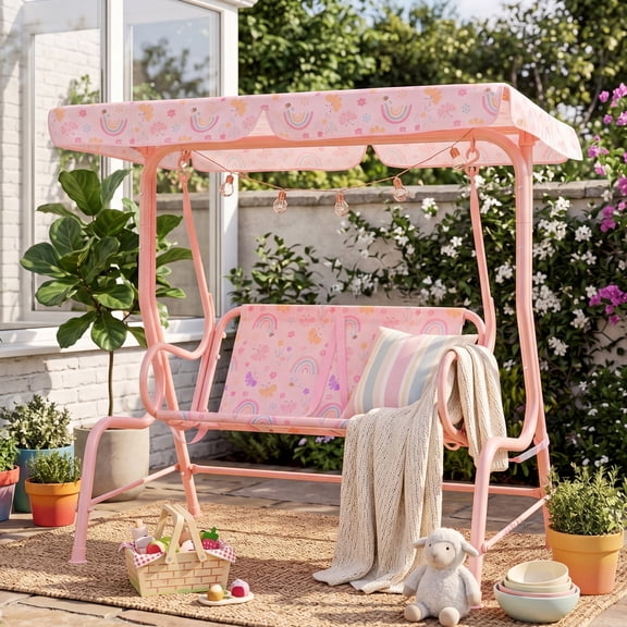 ELLEGNT Adjustable Canopy Kids Swing – 2-Seater Outdoor Porch Lounge Chair for Patio, Pink
