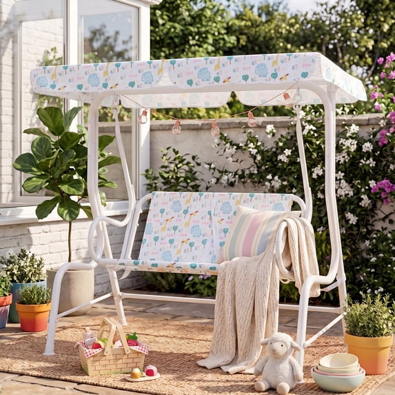 ELLEGNT Adjustable Canopy Kids Swing – 2-Seater Outdoor Porch Lounge Chair for Patio, White