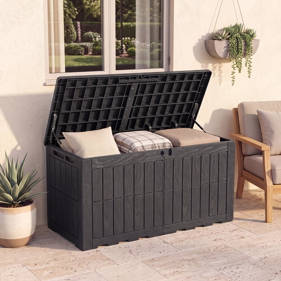 ELLEGNT All-weather Deck Box, 100 Gallon Outdoor Storage Box with Lockable Lid, 2-in-1 Patio Bench and Storage Bin for Cushions, Garden Tools, Pool Accessories, Black
