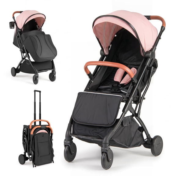 ELLEGNT Baby Stroller, Lightweight Portable Kids Stroller with One-Hand Fold, Adjustable Backrest, Extendable Canopy, Footmuff, Storage Basket and Cup Holder for Newborns and Toddlers in Pink