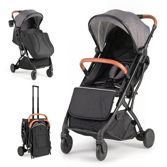 ELLEGNT Baby Stroller, Lightweight Portable Kids Stroller with One-Hand Fold, Adjustable Backrest, Extendable Canopy, Footmuff, Storage Basket and Cup Holder for Newborns and Toddlers in Gray