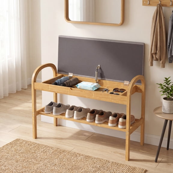 ELLEGNT Bamboo Shoe Bench with Flip Top Storage - 2-Tier Entryway Shoe Rack for Hallway or Small Space Natural +  gray