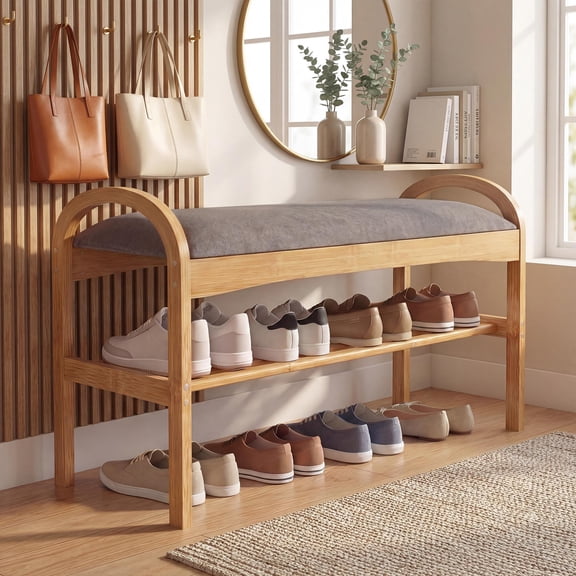 ELLEGNT Bamboo Shoe Bench with Padded Seat - 2-Tier Entryway Shoe Rack for Hallway, Mudroom, or Small Space Natural + Gray