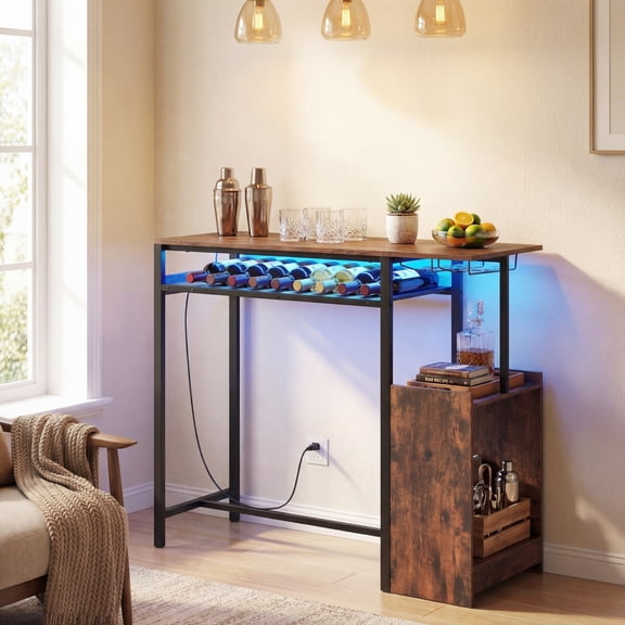 ELLEGNT Bar Table with Wine Rack & 2Row Glass Rack  Rectangular, LED Light & Charging Station Included