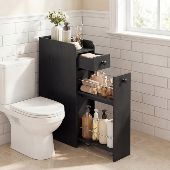 ELLEGNT Bathroom Storage Cabinet on Rolling Wheels – Slim Design, Slide-Out Drawer, Spacious Top, Black