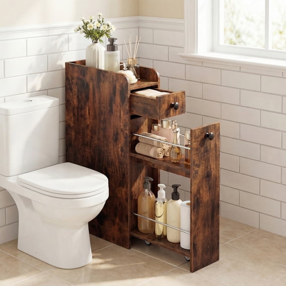 ELLEGNT Bathroom Storage Cabinet on Rolling Wheels – Slim Design, Slide-Out Drawer, Spacious Top, Rustic Brown