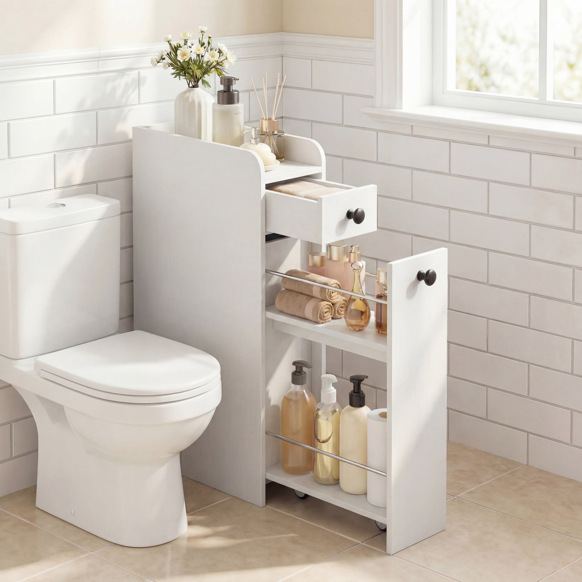 ELLEGNT Bathroom Storage Cabinet on Rolling Wheels – Slim Design, Slide-Out Drawer, Spacious Top, White