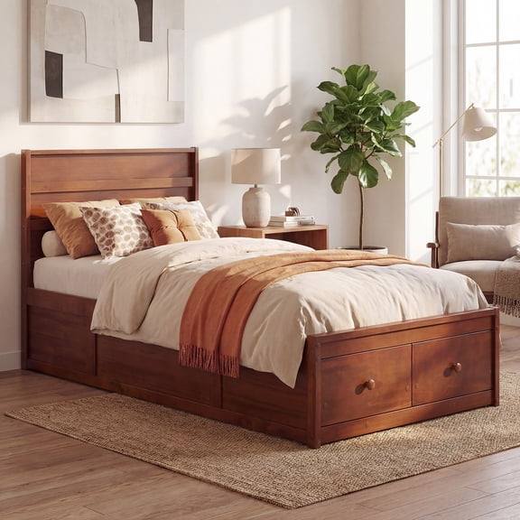 ELLEGNT Bed Frame Twin Size, Wooden Slat Support, Headboard and Storage Drawers,  Walnut