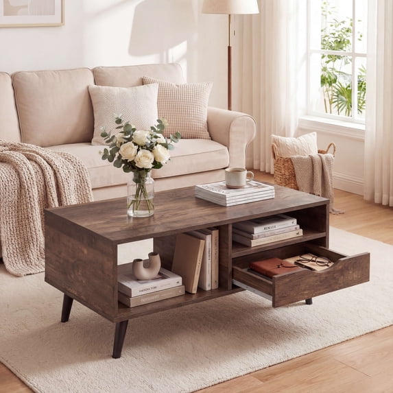 ELLEGNT Coffee Table with Storage Drawer and Open Shelves - Rustic Rectangle Center Table for Living Room, Walnut