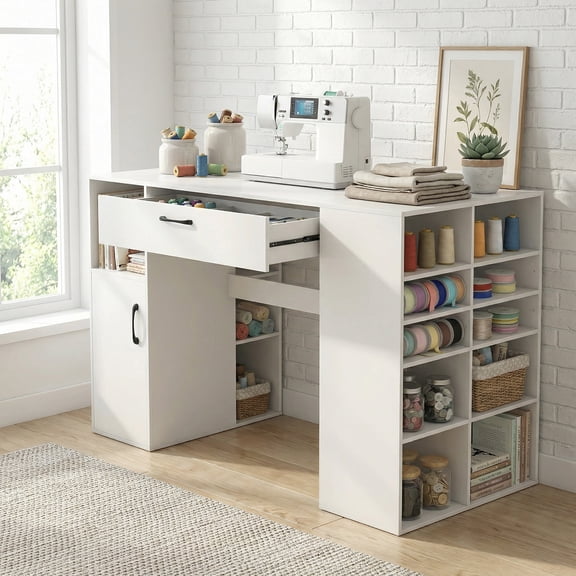 ELLEGNT Counter Height Computer Desk with Adjustable Shelves and Drawer Sewing Craft Table for Home Office, Craft Room
