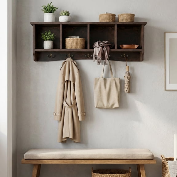 ELLEGNT Entryway Wall Shelf and Coat Rack - 5 Dual Hooks Storage Cabinet, for Hallway or Mudroom, Brown