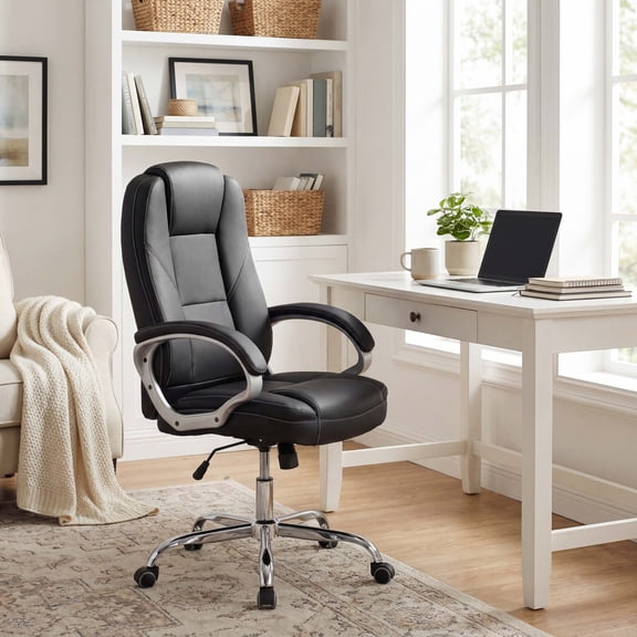 ELLEGNT Executive Office Chair - Ergonomic Leather with Rocking Backrest, Swivel Base, Black
