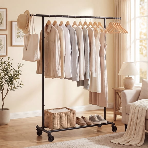 ELLEGNT Extendable Garment Rack on Wheels, Adjustable Length Clothes Stand, Rolling Wardrobe Rack for Dressing Rooms & Laundry Rooms