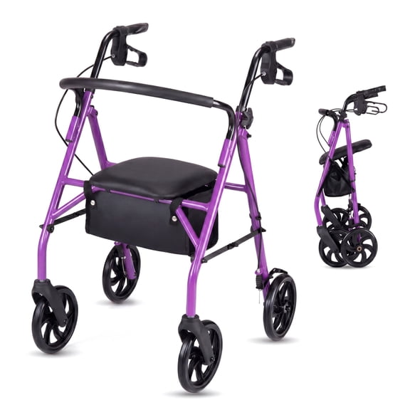 ELLEGNT Foldable Rollator Walker with Seat for Seniors, Lightweight Portable Wheeled Rollator with Storage Basket, 8" Big Wheels and Height Adjustable Handles, Purple