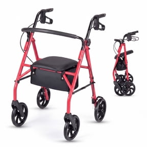 ELLEGNT Foldable Rollator Walker with Seat for Seniors, Lightweight Portable Wheeled Rollator with Storage Basket, 8" Big Wheels and Height Adjustable Handles, Red