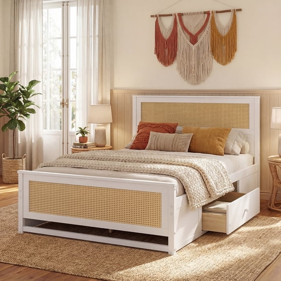 ELLEGNT Full Size Bed Frame with Rattan Headboard and 2 Drawers White