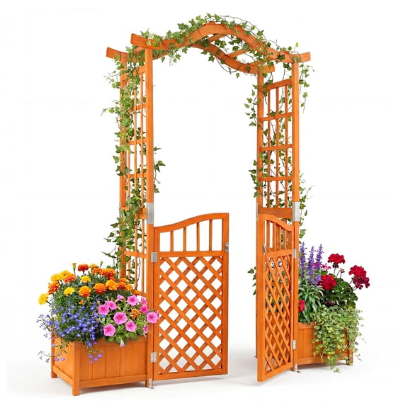 ELLEGNT Garden Arbor with Gate - Wooden Arch, 2 Planters & Drainage Holes for Climbing Plants, Yellow