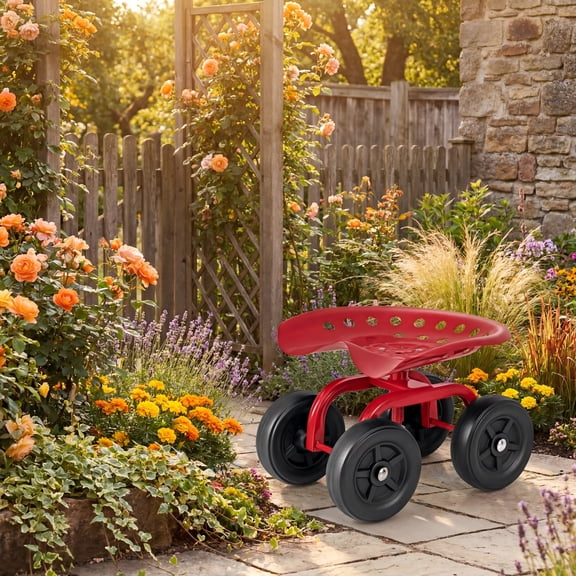 ELLEGNT Garden Cart with Seat, Rolling Garden Scooter, Gardening Work Seat with Height Adjustable & 360° Swivel Seat, Large Wheels and Heavy-Duty Frame for Lawn Yard Planting in Red
