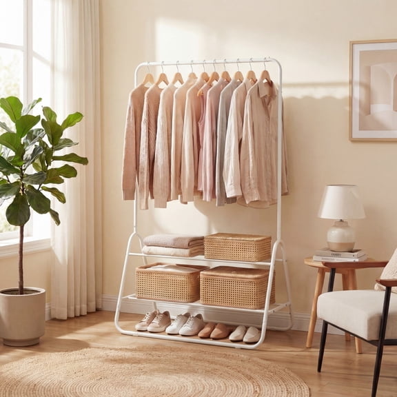 ELLEGNT Heavy Duty Metal Clothing Rack with Hanging Rod and Shelves –  Garment Rack for Closet, Laundry White