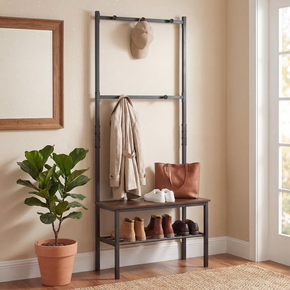 ELLEGNT Heavy Duty Metal Frame Hall Tree - 3-in-1 Entryway Organizer with Hooks & Shoe Storage