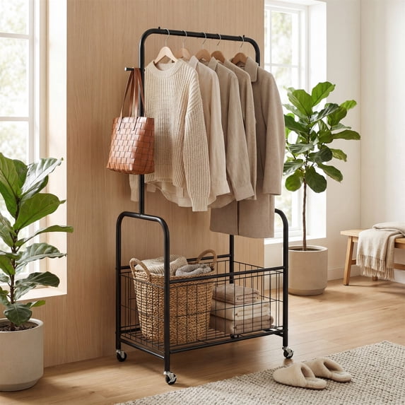 ELLEGNT Heavy-Duty Rolling Laundry Cart with Hanging Rod, Side Hooks & Storage Basket – Lockable Wheels, Black