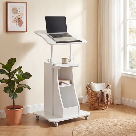 ELLEGNT Height Adjustable Rolling Lectern - Mobile Laptop Cart with Storage Compartments, Lockable Casters, White
